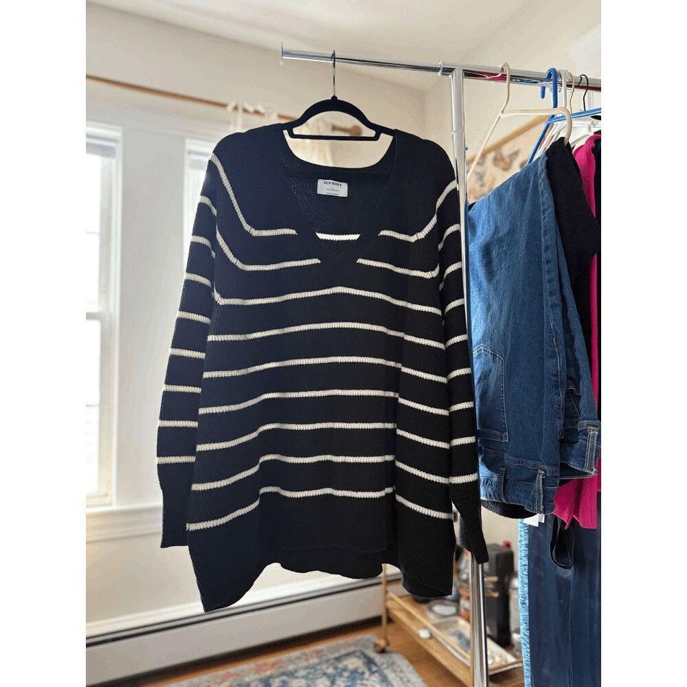 Black and White Striped V Neck Sweater